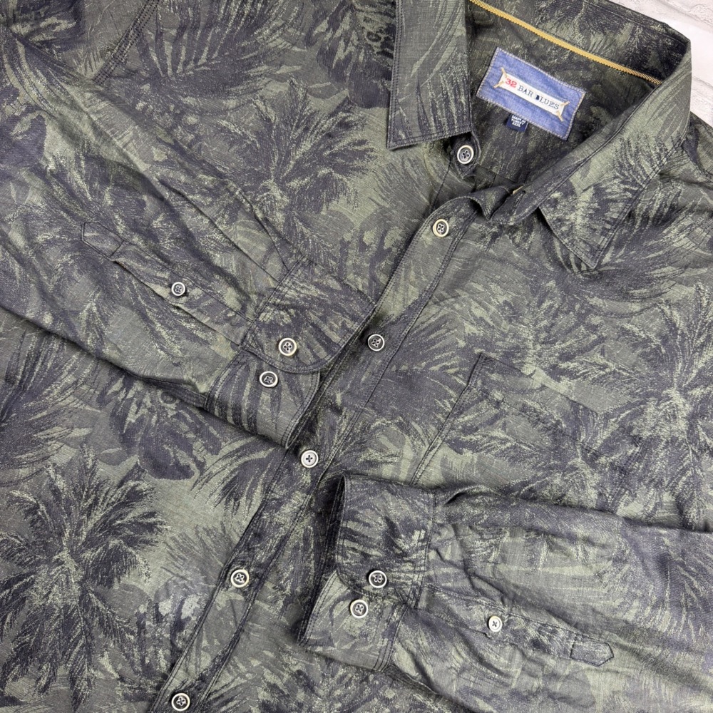 32 Bar Blues Shirt Mens 3XL Green Tropical Palm Linen Blend Button Down NOTE
